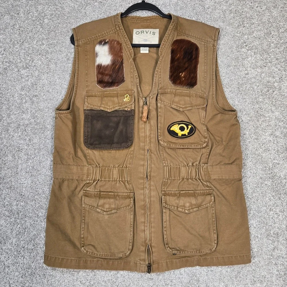 ORVIS canvas zip up vest mens Large North American Hunting deerskin patches